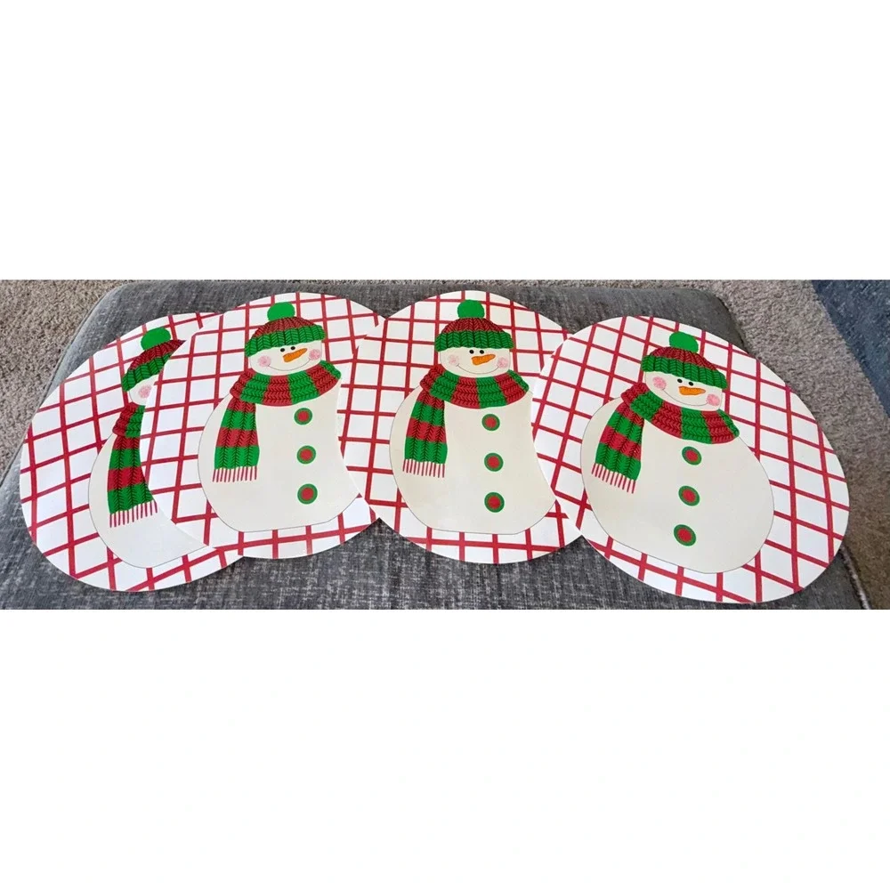 Trim A Home Placemats Set of 4 Snowman Plaid Vinyl Round Christmas
